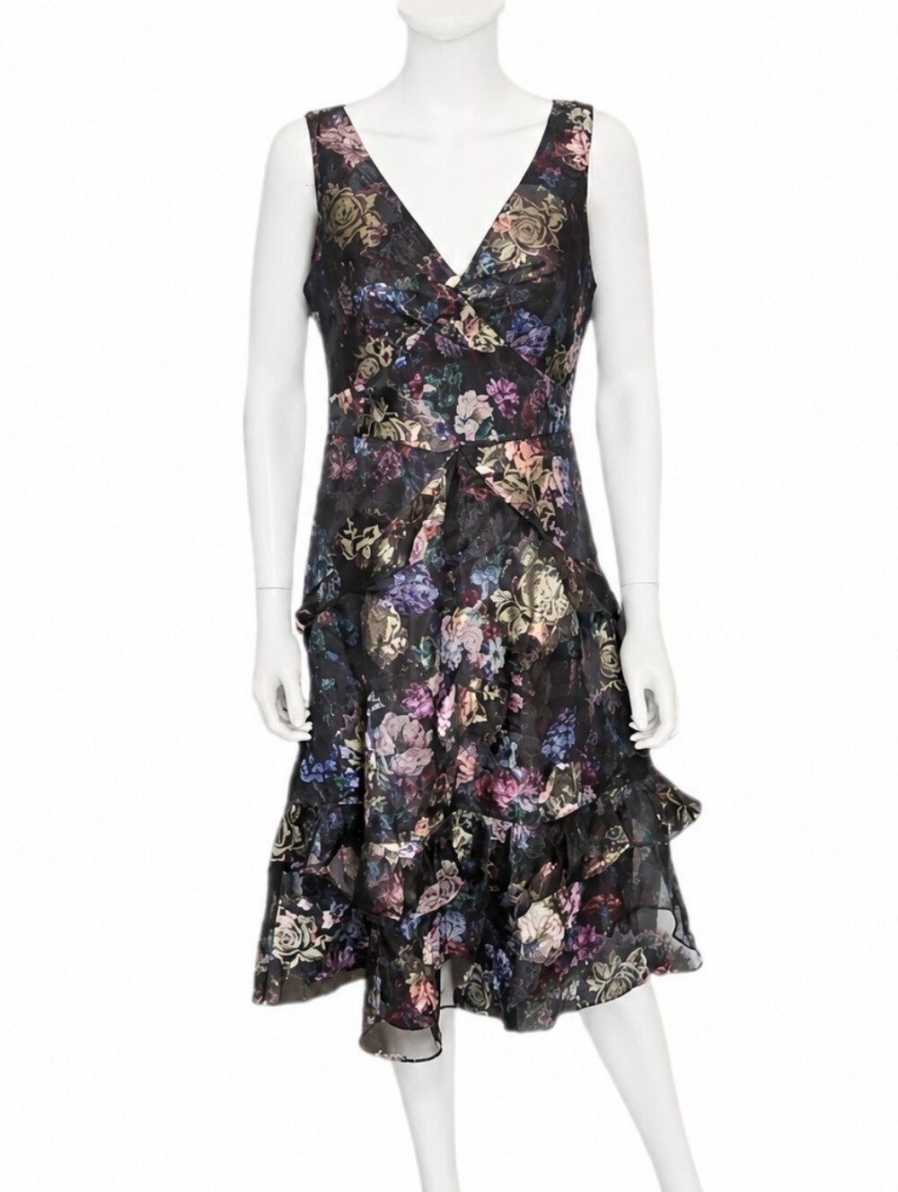 MARCHESA NOTTE | Black Floral Metallic Fil Coupé Ruffle Midi Dress US 4